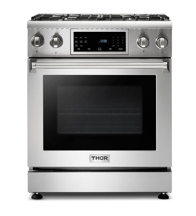 Thor Kitchen 2-Piece Appliance Package - 30-Inch Gas Range with Tilt Panel & Premium Wall Mounted Hood in Stainless Steel