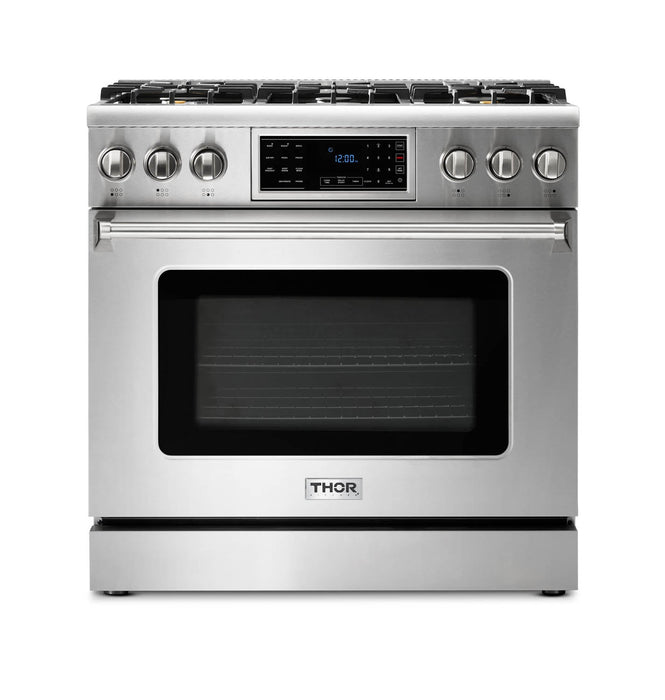 Thor Kitchen 2-Piece Appliance Package - 36-Inch Gas Range with Tilt Panel & Pro-Style Wall Mount Hood in Stainless Steel