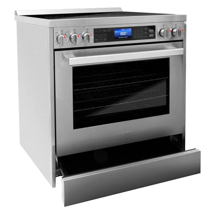 Cosmo Package - 30" Electric Range, Wall Mount Range Hood, Dishwasher, Refrigerator with Ice Maker and Wine Cooler, COS-5PKG-140