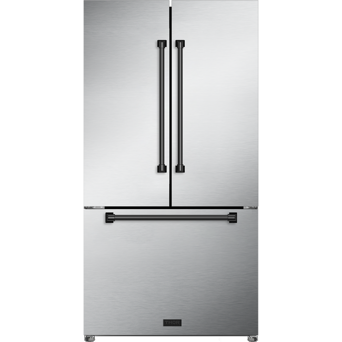 Thor Kitchen Gordon Ramsay 3-Piece Appliance Package - 36-Inch Electric Range with Tilt Panel Touch Control, Refrigerator, and Dishwasher in Stainless Steel with Black Trim