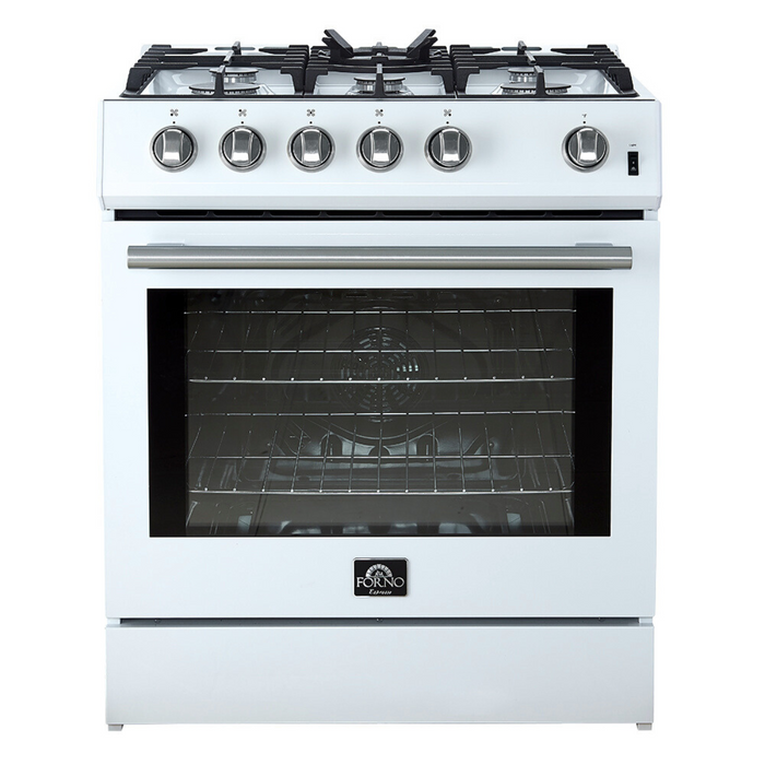 Forno Espresso 30” Gas Range in White with Silver Handles, FFSGS1116-30WHT