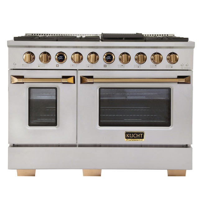 Kucht 48" 6.7 cu. ft. 8 Burner Propane Gas Dual Fuel Range in Stainless Steel with Gold Accents and Digital Thermostat