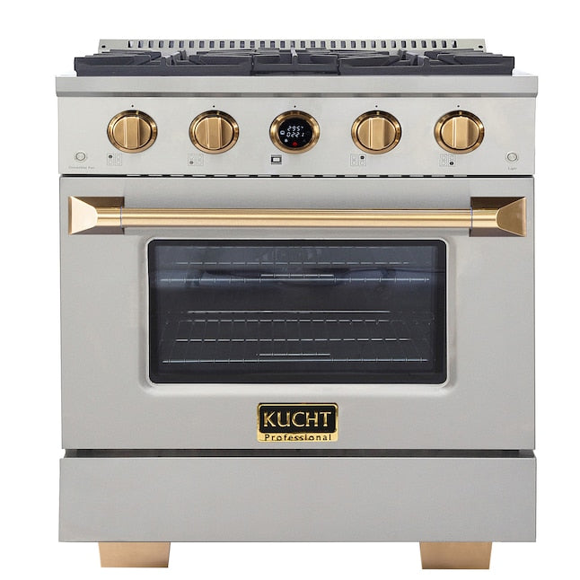 Kucht 30" 4.2 cu. ft. 4 Burner Natural Gas Dual Fuel Range in Stainless Steel with Gold Accents and Digital Thermostat