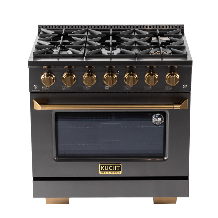 Kucht Gemstone Professional 36" 5.2 cu. ft. Dual Fuel Range in Titanium Stainless Steel with Gold Accents, KED364