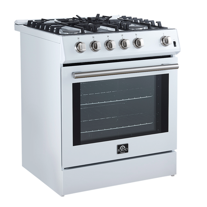 Forno Espresso 30” Gas Range in White with Silver Handles, FFSGS1116-30WHT