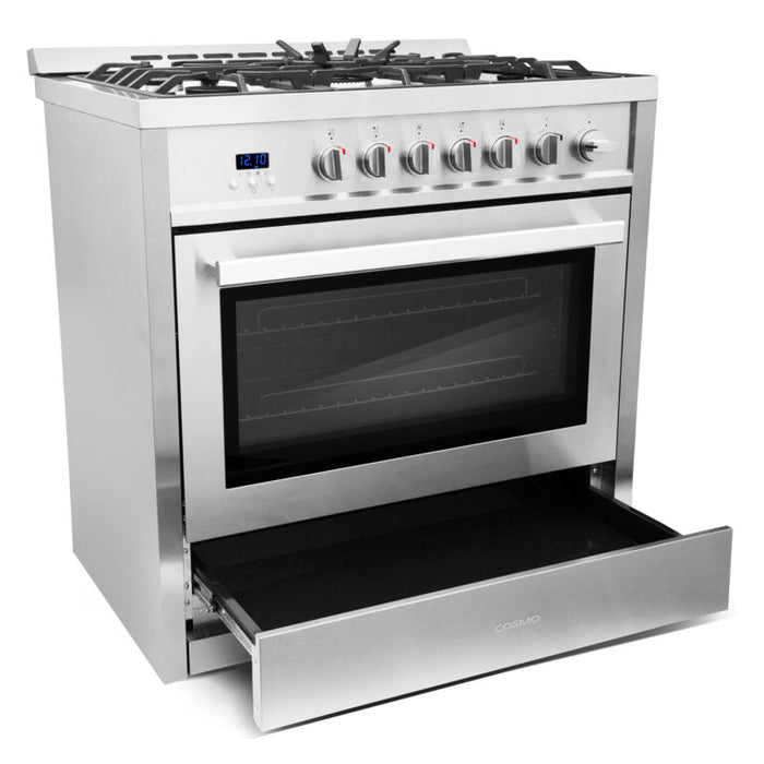 Cosmo 36" 3.8 cu. ft. Single Oven Gas Range with 5 Burner Cooktop and Heavy Duty Cast Iron Grates in Stainless Steel, COS-965AGC