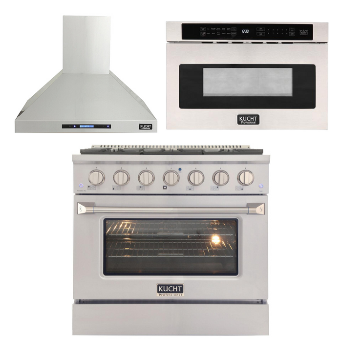 Kucht Professional 36 in. 5.2 cu ft. Natural Gas Range, Range Hood & Microwave Drawer Package, AP-KNG361-S-3