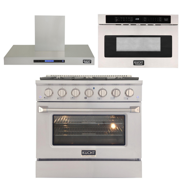 Kucht Professional 36 in. 5.2 cu ft. Natural Gas Range, Range Hood & Microwave Drawer Package, AP-KNG361-S-7