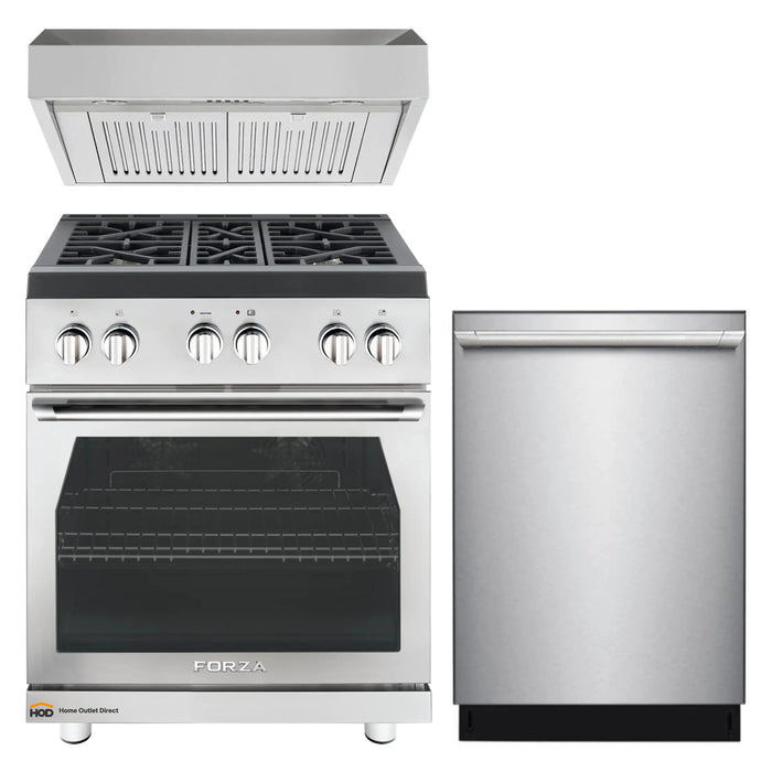 Forza 3-Piece Appliance Package - 30-Inch Gas Range, 11-Inch Pro-Style Under Cabinet Range Hood, & 24-Inch Dishwasher in Stainless Steel