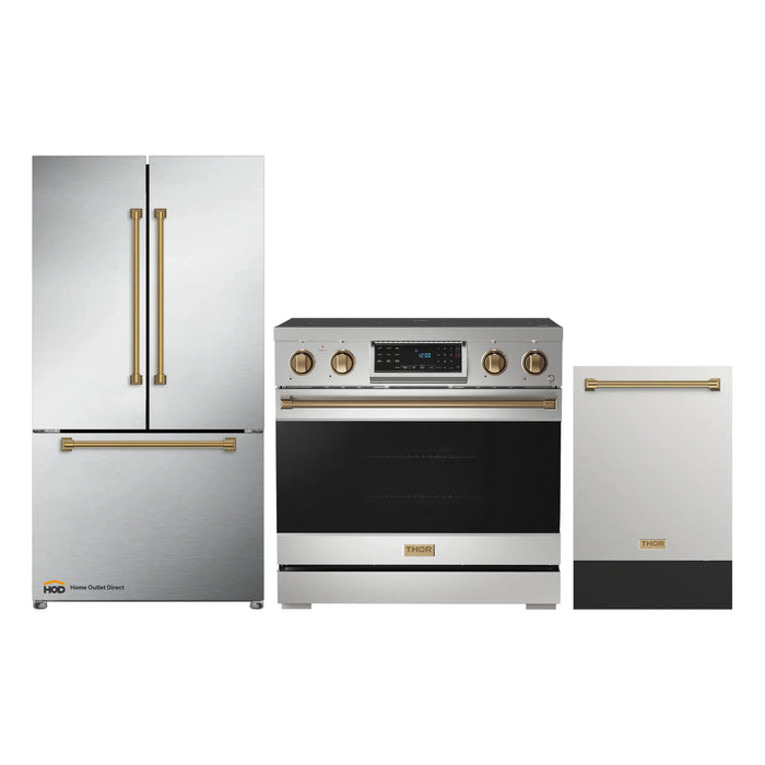 Thor Kitchen Gordon Ramsay 3-Piece Appliance Package - 36-Inch Electric Range with Tilt Panel Touch Control, Refrigerator, and Dishwasher in Stainless Steel with Bronze Trim