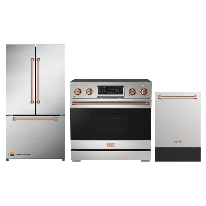 Thor Kitchen Gordon Ramsay 3-Piece Appliance Package - 36-Inch Electric Range with Tilt Panel Touch Control, Refrigerator, and Dishwasher in Stainless Steel with Rose Gold Trim