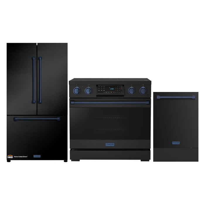 Thor Kitchen Gordon Ramsay 3-Piece Appliance Package - 36-Inch Electric Range with Tilt Panel Touch Control, Refrigerator, and Dishwasher in Black with Blue Trim