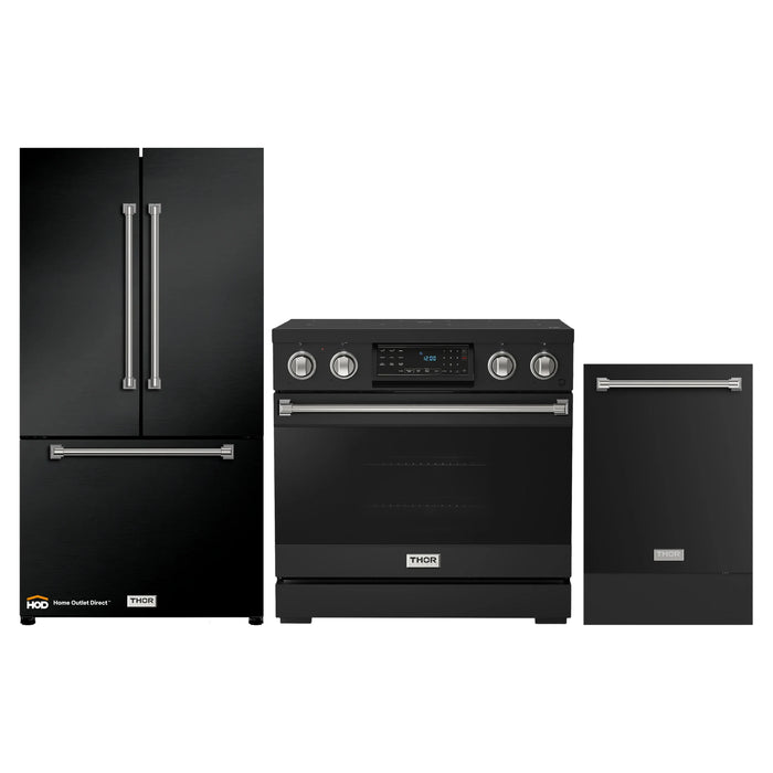 Thor Kitchen Gordon Ramsay 3-Piece Appliance Package - 36-Inch Electric Range with Tilt Panel Touch Control, Refrigerator, and Dishwasher in Black with Stainless Steel Trim