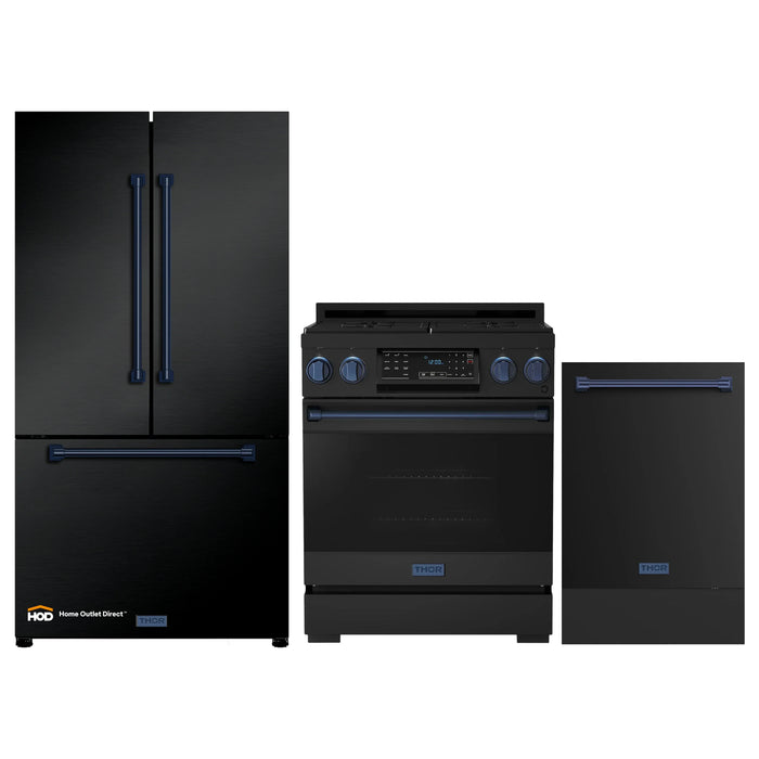 Thor Kitchen Gordon Ramsay 3-Piece Appliance Package - 30-Inch Gas Range with Tilt Panel, Refrigerator, and Dishwasher in Black with Blue Trim