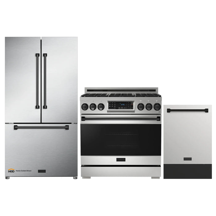 Thor Kitchen Gordon Ramsay 3-Piece Appliance Package - 36-Inch Gas Range with Tilt Panel, Refrigerator, and Dishwasher in Stainless Steel with Black Trim