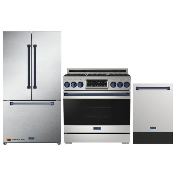 Thor Kitchen Gordon Ramsay 3-Piece Appliance Package - 36-Inch Gas Range with Tilt Panel, Refrigerator, and Dishwasher in Stainless Steel with Blue Trim