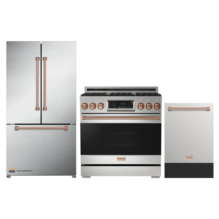 Thor Kitchen Gordon Ramsay 3-Piece Appliance Package - 36-Inch Gas Range with Tilt Panel, Refrigerator, and Dishwasher in Stainless Steel with Rose Gold Trim