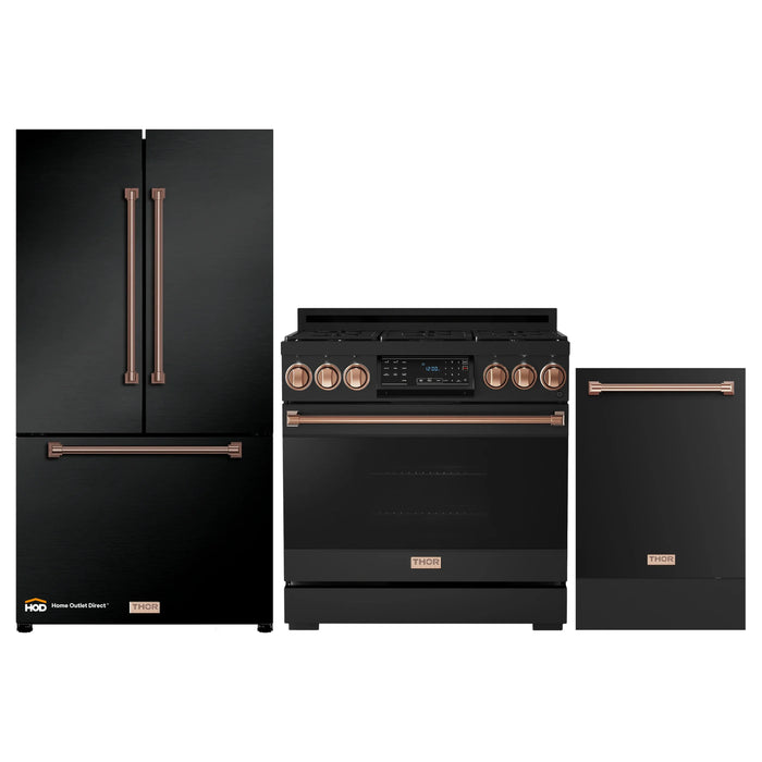 Thor Kitchen Gordon Ramsay 3-Piece Appliance Package - 36-Inch Gas Range with Tilt Panel, Refrigerator, and Dishwasher in Black with Rose Gold Trim