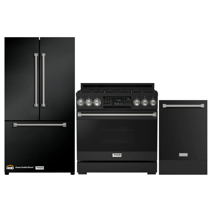 Thor Kitchen Gordon Ramsay 3-Piece Appliance Package - 36-Inch Gas Range with Tilt Panel, Refrigerator, and Dishwasher in Black with Stainless Steel Trim