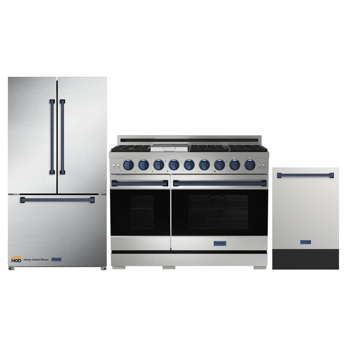 Thor Kitchen Gordon Ramsay 3-Piece Appliance Package - 48-Inch Gas Range with Double Oven, Refrigerator, and Dishwasher in Stainless Steel with Blue Trim