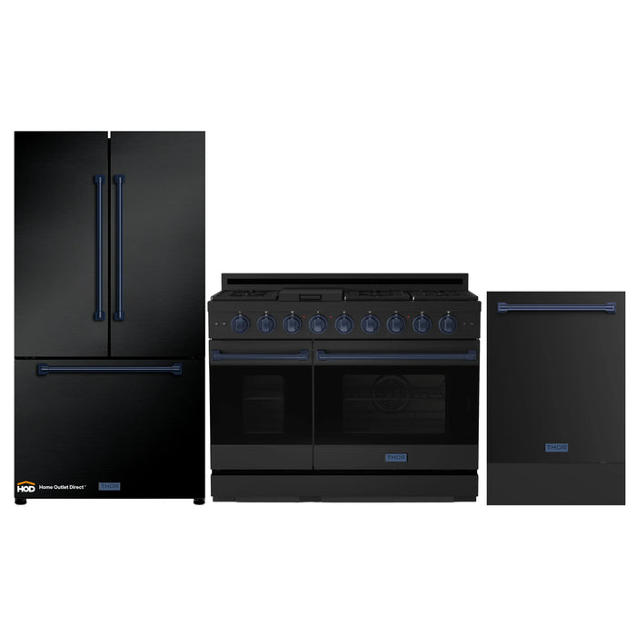 Thor Kitchen Gordon Ramsay 3-Piece Appliance Package - 48-Inch Gas Range with Double Oven, Refrigerator, and Dishwasher in Black with Blue Trim