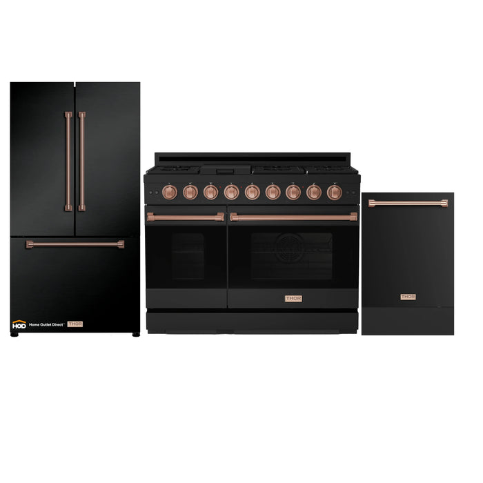 Thor Kitchen Gordon Ramsay 3-Piece Appliance Package - 48-Inch Gas Range with Double Oven, Refrigerator, and Dishwasher in Black with Rose Gold Trim