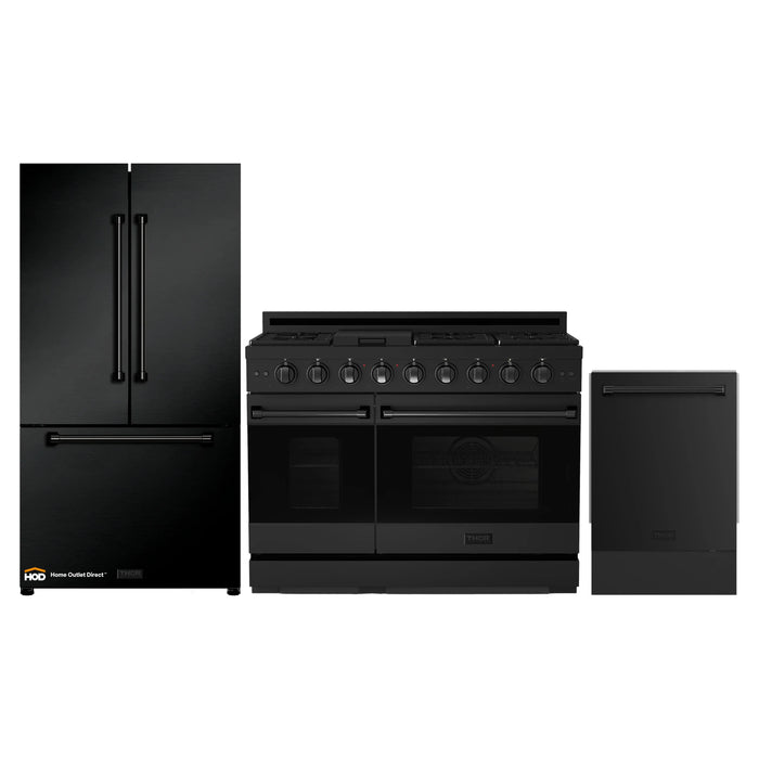 Thor Kitchen Gordon Ramsay 3-Piece Appliance Package - 48-Inch Gas Range with Double Oven, Refrigerator, and Dishwasher in Black