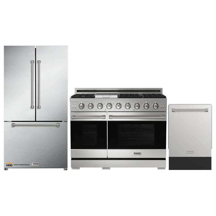 Thor Kitchen Gordon Ramsay 3-Piece Appliance Package - 48-Inch Gas Range with Double Oven, Refrigerator, and Dishwasher in Stainless Steel