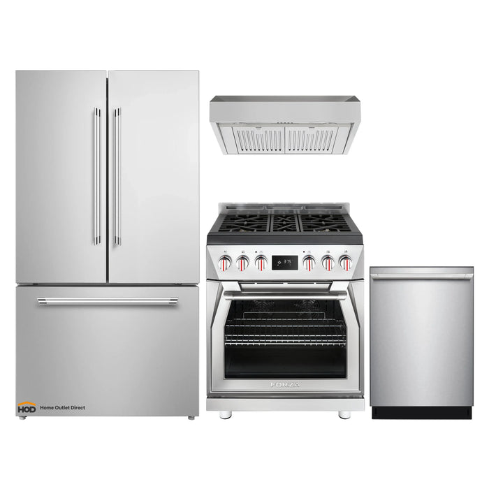 Forza 4-Piece Appliance Package - 30-Inch Dual Fuel Range, Pro-Style Under Cabinet Range Hood, 24-Inch Dishwasher and Refrigerator in Stainless Steel