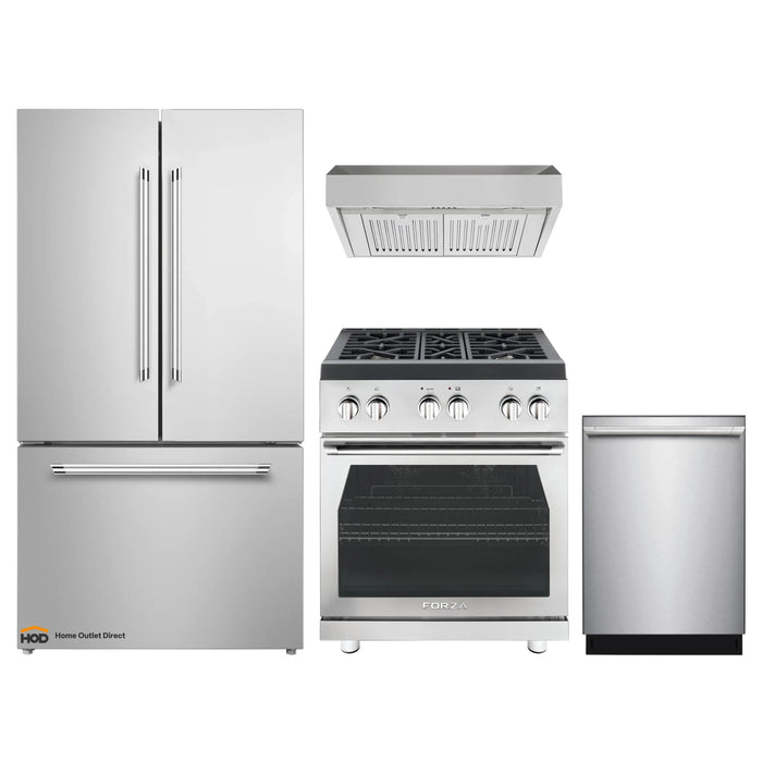 Forza 4-Piece Appliance Package - 30-Inch Gas Range, Pro-Style Range Hood, 24-Inch Dishwasher and Refrigerator in Stainless Steel