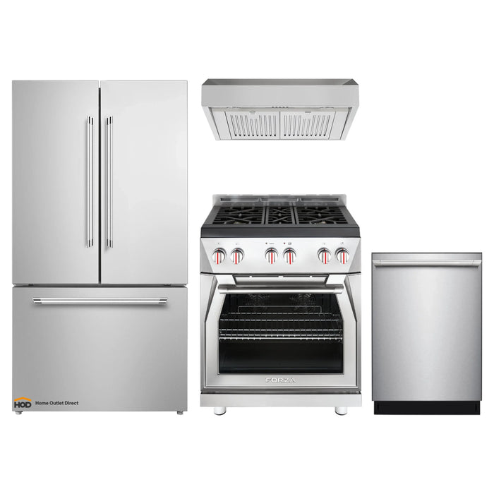 Forza 4-Piece Appliance Package - 30-Inch Gas Range, Pro-Style Range Hood, 24-Inch Dishwasher in Stainless Steel and Refrigerator in Stainless Steel