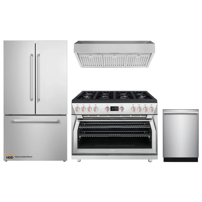 Forza 4-Piece Appliance Package - 48-Inch Dual Fuel Range, Under Cabinet Range Hood, 24-Inch Dishwasher and Refrigerator in Stainless Steel