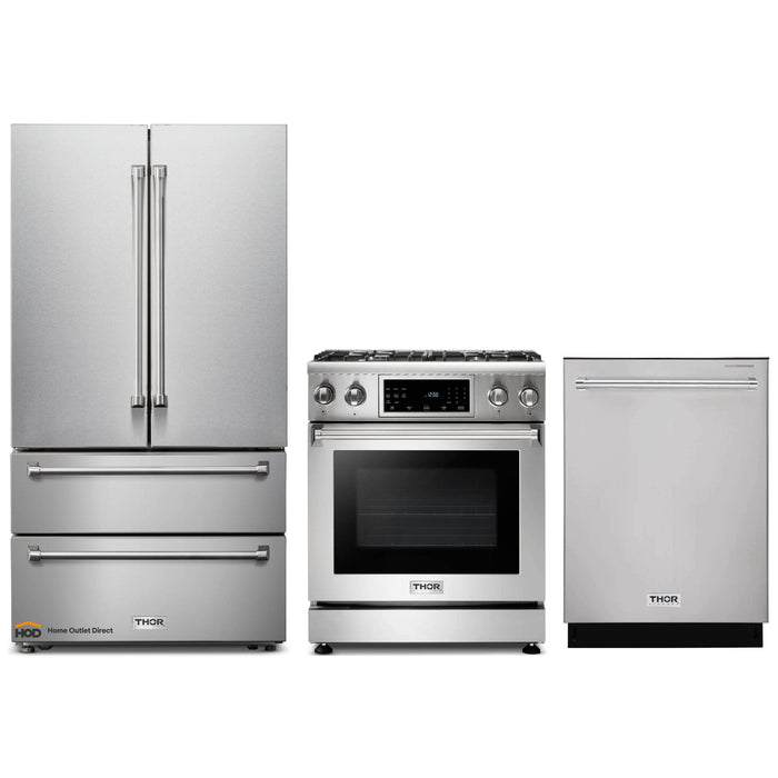 Thor Kitchen 3-Piece Appliance Package - 30-Inch Gas Range with Tilt Panel, Dishwasher & Refrigerator in Stainless Steel