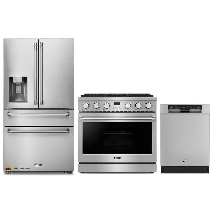 Thor Kitchen A-Series 3-Piece Appliance Package - 36-Inch Gas Range, Refrigerator with Water Dispenser, and Dishwasher in Stainless Steel