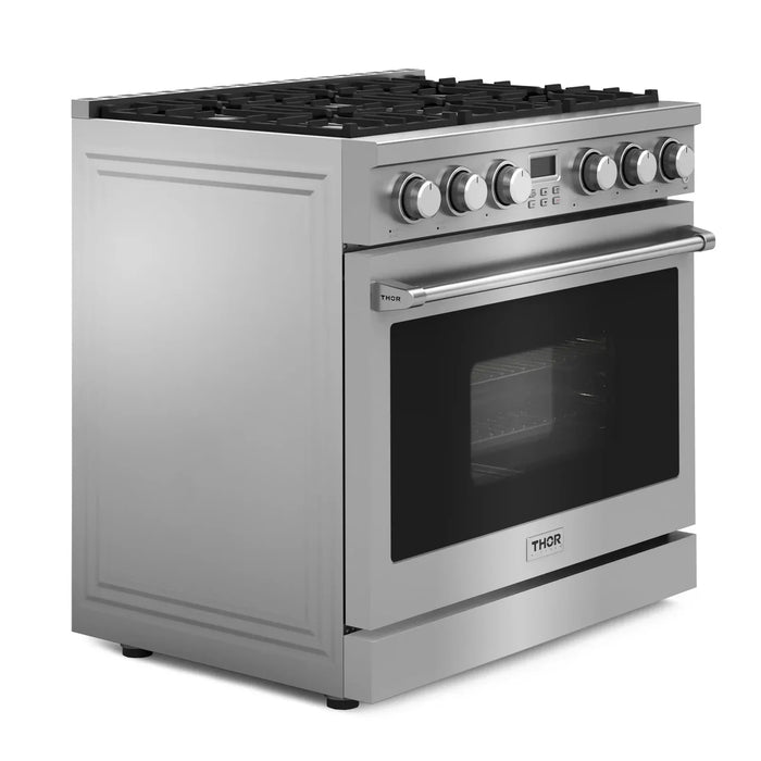 Thor Kitchen A-Series 2-Piece Appliance Package - 36-Inch Gas Range and Pro-Style Wall Mount Range Hood in Stainless Steel