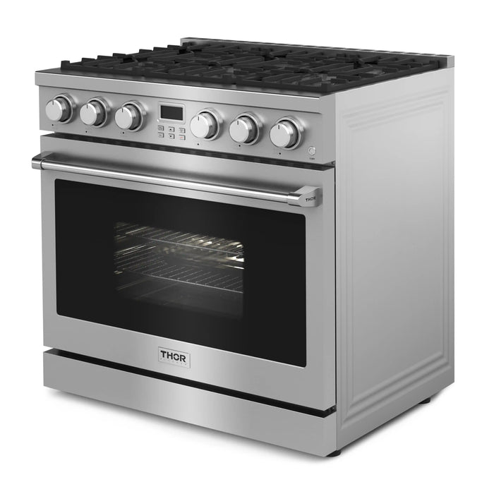 Thor Kitchen A-Series 3-Piece Appliance Package - 36-Inch Gas Range, Refrigerator, and Dishwasher in Stainless Steel