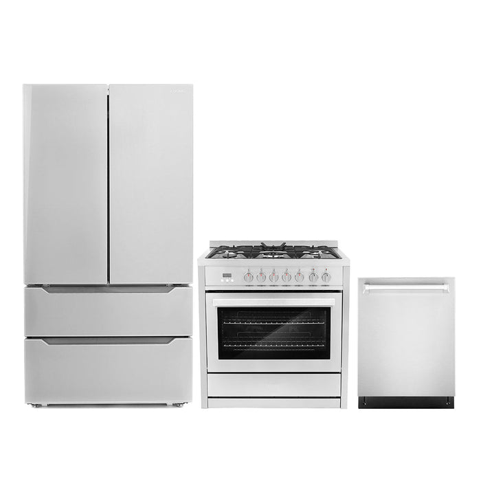 Cosmo Package - 36" Dual Fuel Range, Dishwasher and Refrigerator with Ice Maker, COS-3PKG-008