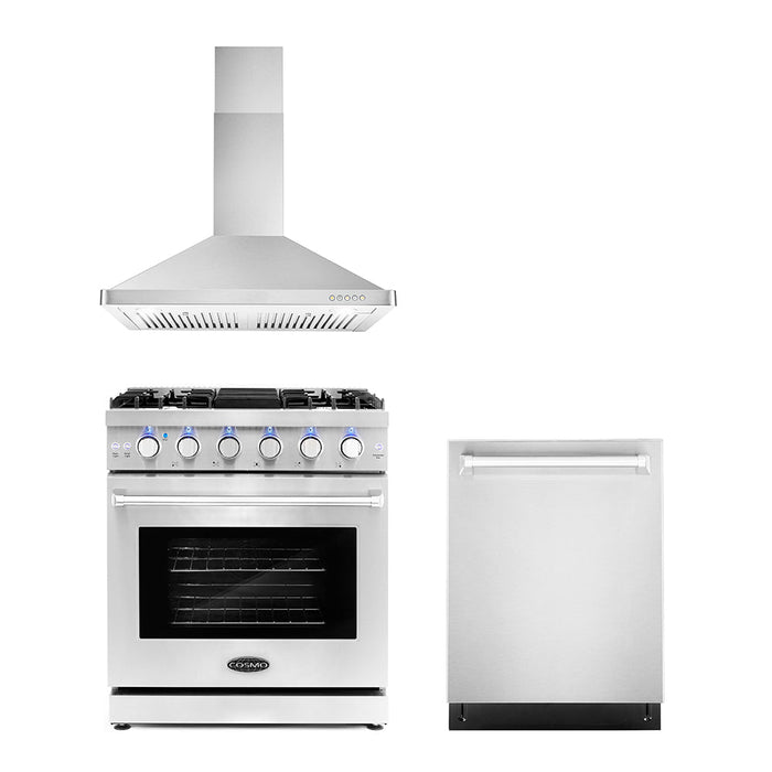 Cosmo Package - 30" Gas Range, Wall Mount Range Hood and Dishwasher, COS-3PKG-014