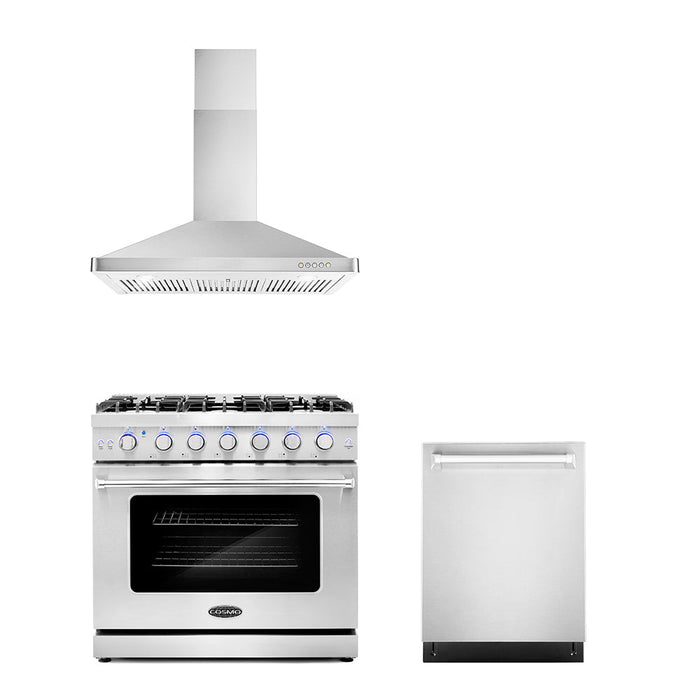 Cosmo Package - 36" Gas Range, Wall Mount Range Hood and Dishwasher, COS-3PKG-032