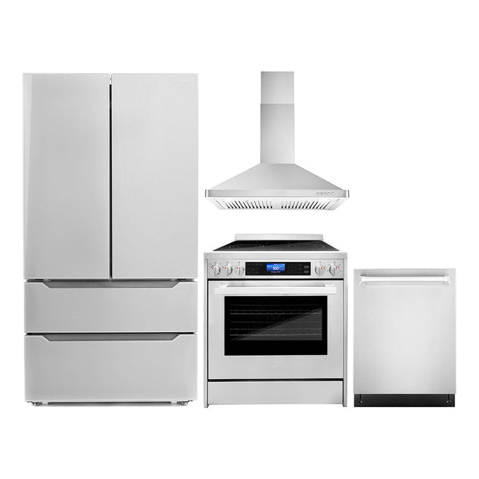 Cosmo Package - 30" Electric Range, Wall Mount Range Hood, Refrigerator with Ice Maker and Dishwasher, COS-4PKG-012