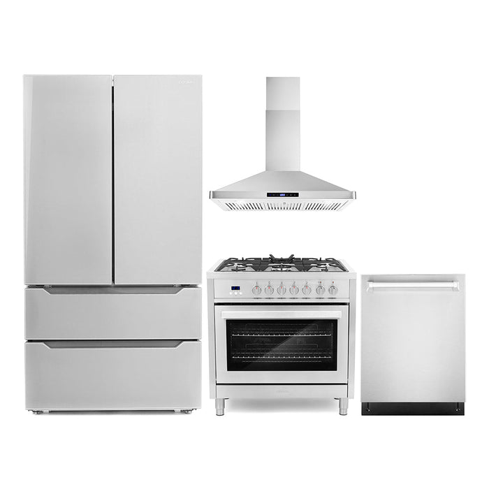 Cosmo Package - 36" Dual Fuel Range, Wall Mount Range Hood, Refrigerator with Ice Maker and Dishwasher, COS-4PKG-079