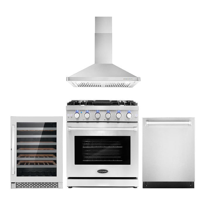 Cosmo Package - 30" Gas Range, Wall Mount Range Hood, Dishwasher and Wine Cooler, COS-4PKG-090