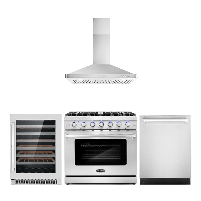 Cosmo Package - 36" Gas Range, Wall Mount Range Hood, Dishwasher and Wine Cooler, COS-4PKG-107