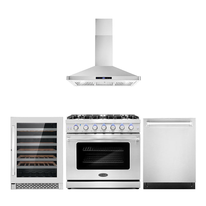 Cosmo Package - 36" Gas Range, Wall Mount Range Hood, Dishwasher and Wine Cooler, COS-4PKG-113