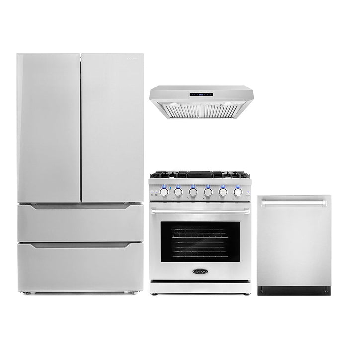 Cosmo Package - 30" Gas Range, Under Cabinet Range Hood, Refrigerator with Ice Maker and Dishwasher, COS-4PKG-128