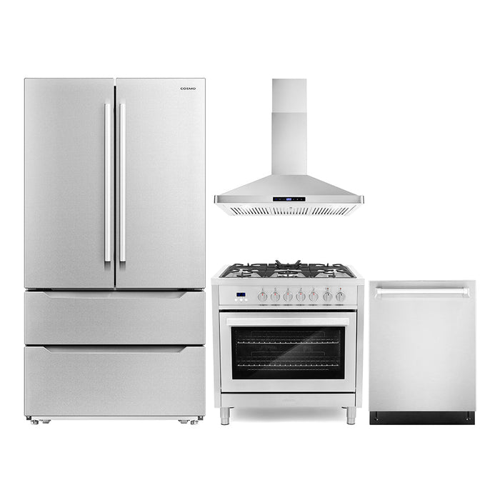 Cosmo Package - 36" Dual Fuel Range, Wall Mount Range Hood, Refrigerator with Ice Maker and Dishwasher, COS-4PKG-223