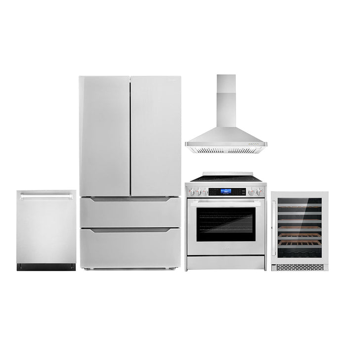 Cosmo Package - 30" Electric Range, Wall Mount Range Hood, Dishwasher, Refrigerator with Ice Maker and Wine Cooler, COS-5PKG-002