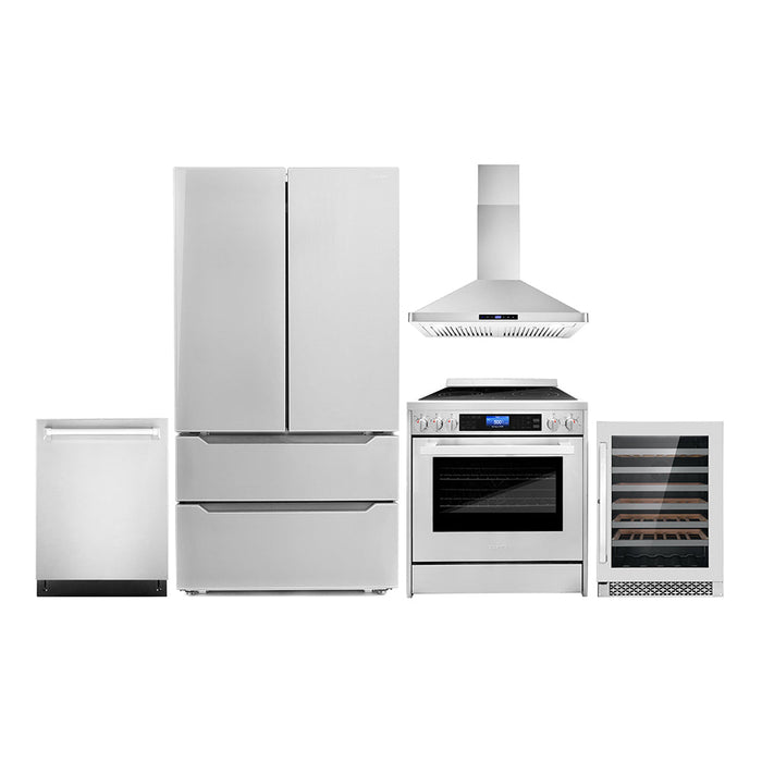 Cosmo Package - 30" Electric Range, Wall Mount Range Hood, Dishwasher, Refrigerator with Ice Maker and Wine Cooler, COS-5PKG-021