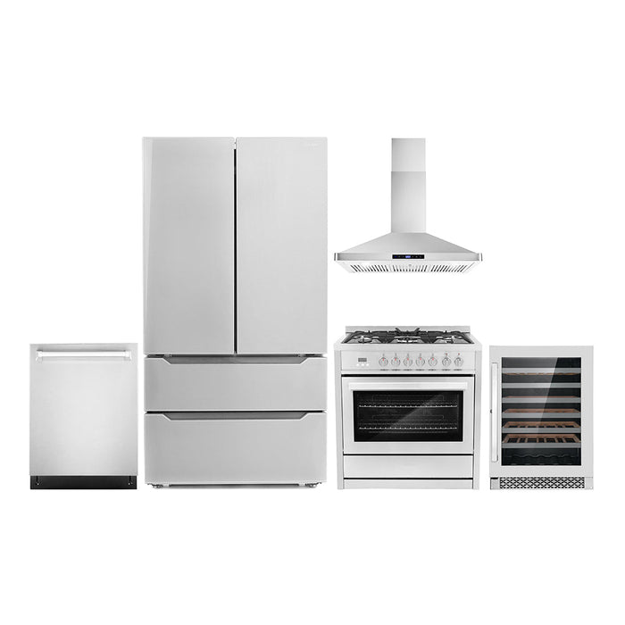 Cosmo Package - 36" Dual Fuel Range, Wall Mount Range Hood, Dishwasher, Refrigerator with Ice Maker and Wine Cooler, COS-5PKG-063