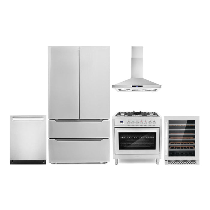 Cosmo Package - 36" Dual Fuel Range, Wall Mount Range Hood, Dishwasher, Refrigerator with Ice Maker and Wine Cooler, COS-5PKG-069